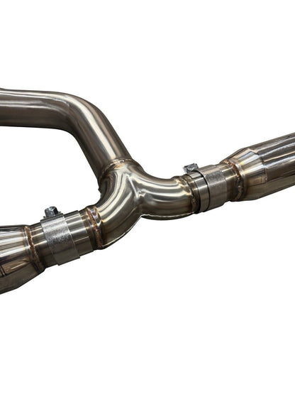 Polished Volkswagen MK6 Golf GTi 2.0T catback exhaust system by JackSpania Racing, showcasing the turbo exhaust components.