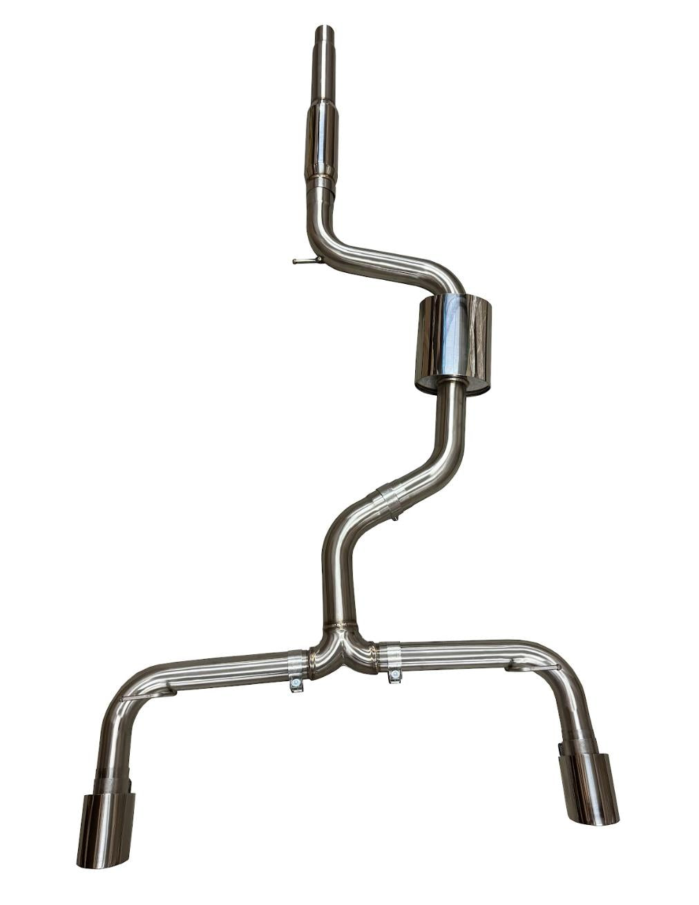 Stainless steel dual catback exhaust muffler for 2015-2017 VW Golf GTI 2.0L Turbo MK7, by JackSpania Racing, shown from the side.