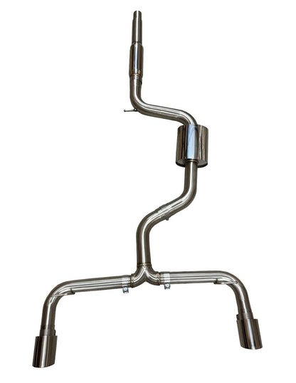 Stainless steel dual catback exhaust muffler for 2015-2017 VW Golf GTI 2.0L Turbo MK7, by JackSpania Racing, shown from the side.