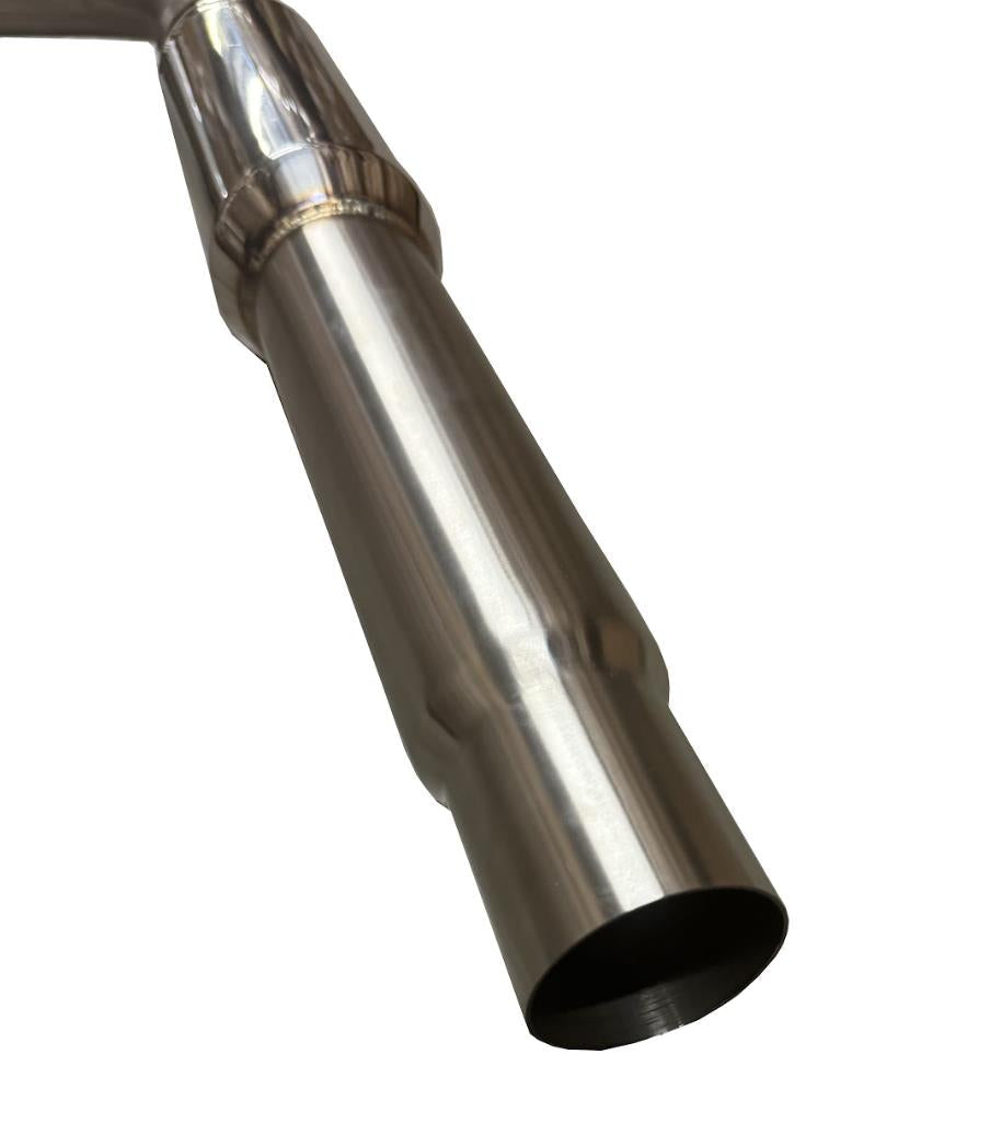 Stainless steel dual catback exhaust muffler for 2015-2017 VW Golf GTI 2.0L Turbo MK7, by JackSpania Racing, showing the polished finish.