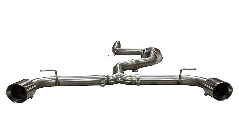 Stainless steel dual catback exhaust muffler for 2015-2017 VW Golf GTI 2.0L Turbo MK7 by JackSpania Racing, shown installed.
