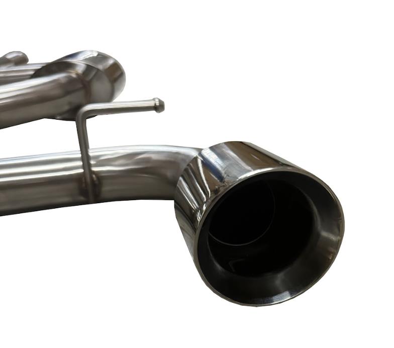 Dual stainless steel 3-inch catback exhaust muffler for VW Golf GTI 2.0L Turbo MK7 by JackSpania Racing, showing polished finish and piping.