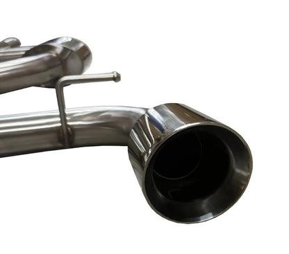 Dual stainless steel 3-inch catback exhaust muffler for VW Golf GTI 2.0L Turbo MK7 by JackSpania Racing, showing polished finish and piping.