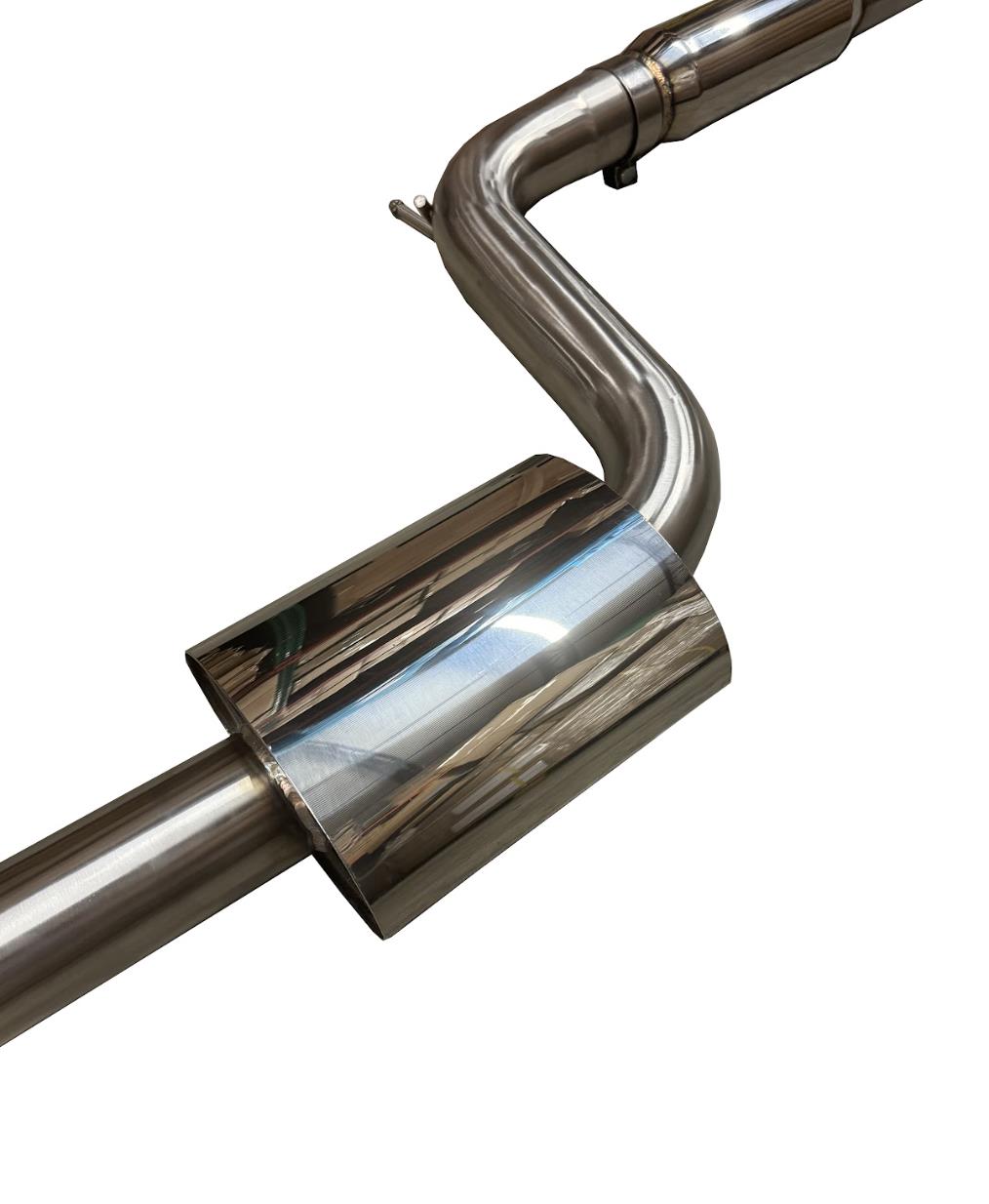 3-inch stainless dual catback exhaust muffler for 2015-2017 VW Golf GTI 2.0L Turbo MK7 by JackSpania Racing, shown from side view.