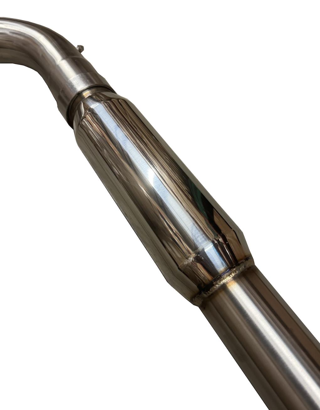 3-inch stainless dual catback exhaust muffler for 2015-2017 VW Golf GTI 2.0L Turbo MK7 by JackSpania Racing, showing the polished metal finish.