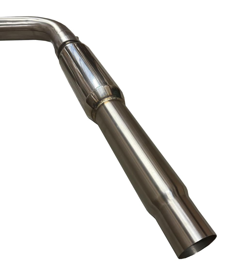 3-inch stainless dual catback exhaust muffler for 2015-2017 VW Golf GTI 2.0L Turbo MK7 by JackSpania Racing, showing the polished metal finish.