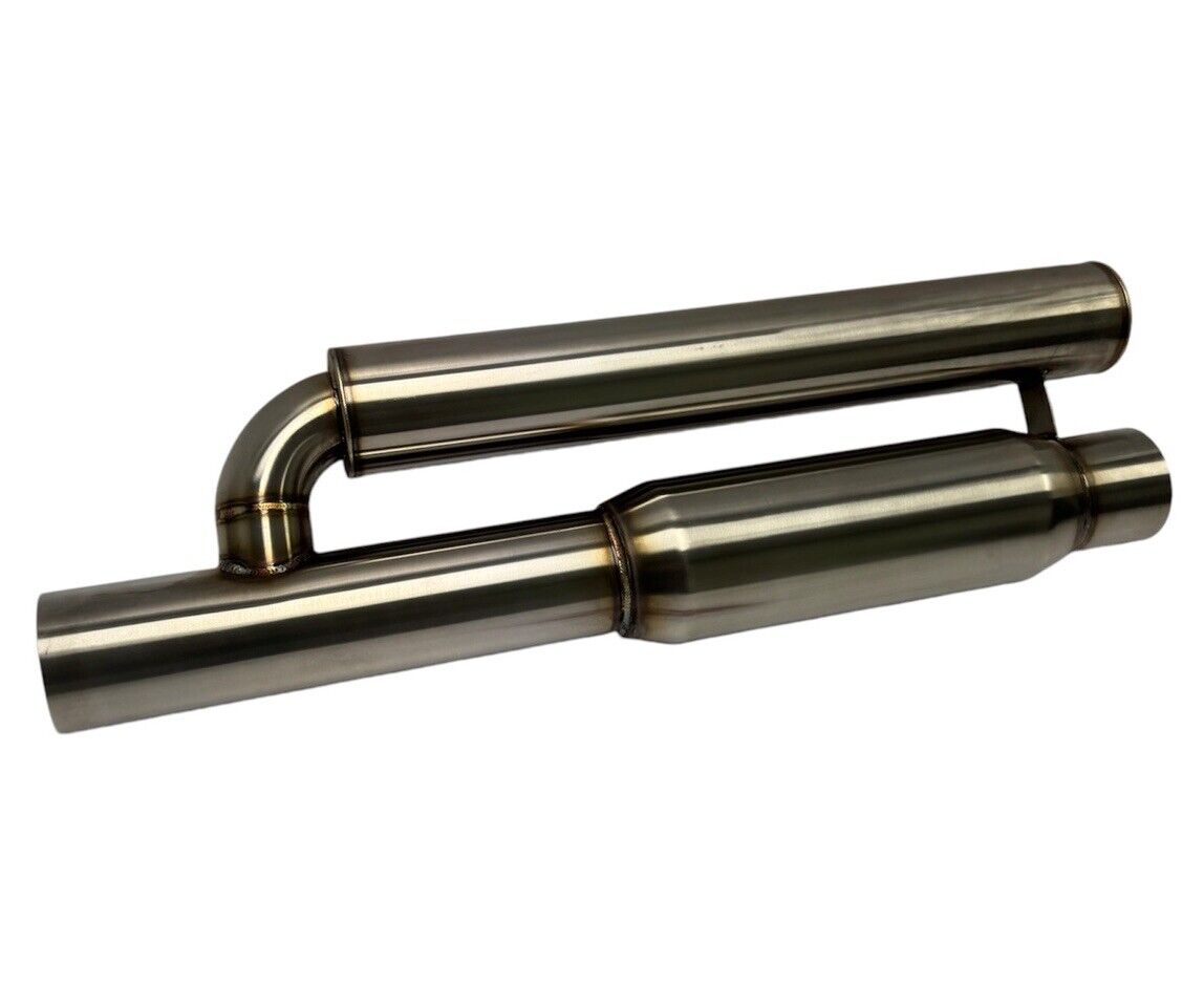 JackSpania Racing 2.5" and 3" Helmholtz style resonator muffler with wave cut design for ultra-quiet exhaust pipes, made of 304 stainless steel.