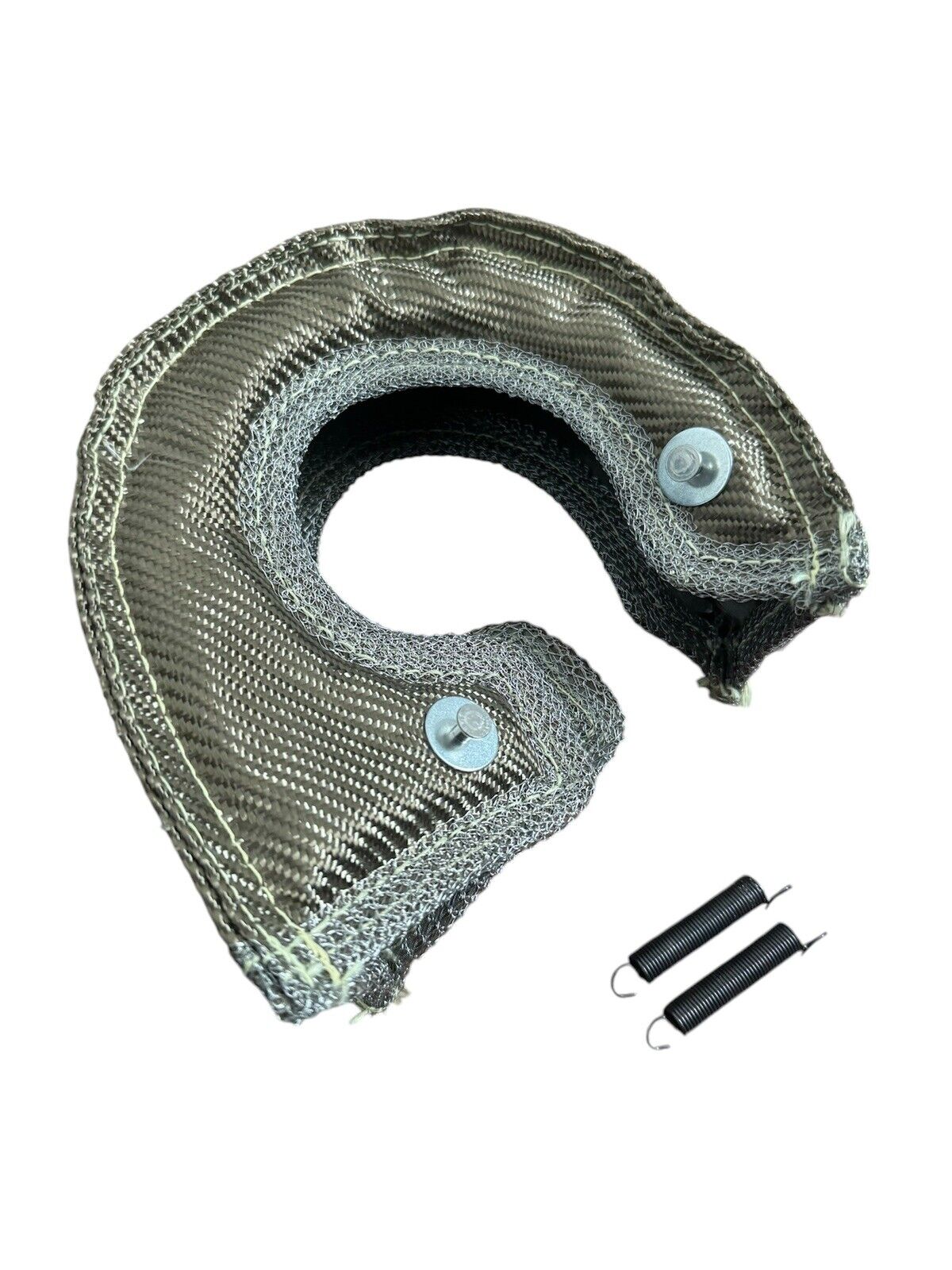 JackSpania Racing T4 Titanium Fiber Turbo Blanket heat shield covering a turbocharger for engine protection and heat management.
