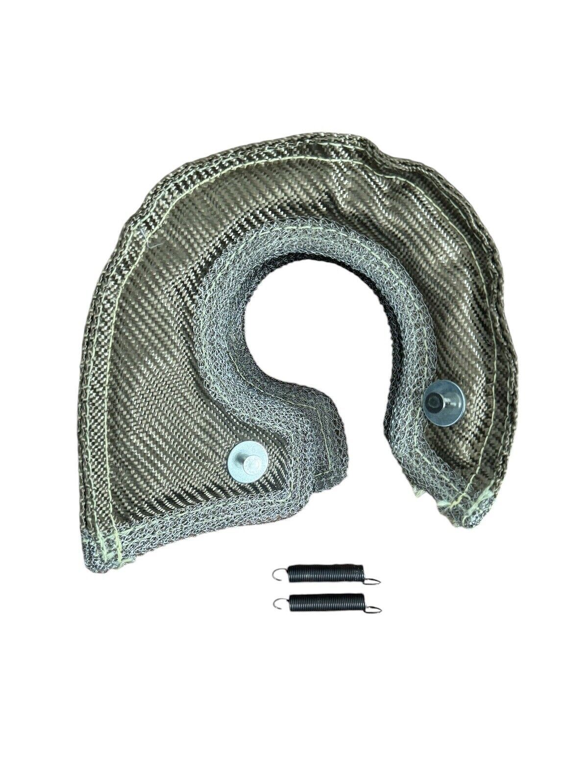 JackSpania Racing T4 Titanium Fiber Turbo Blanket heat shield barrier covering a turbocharger for engine protection and heat retention.
