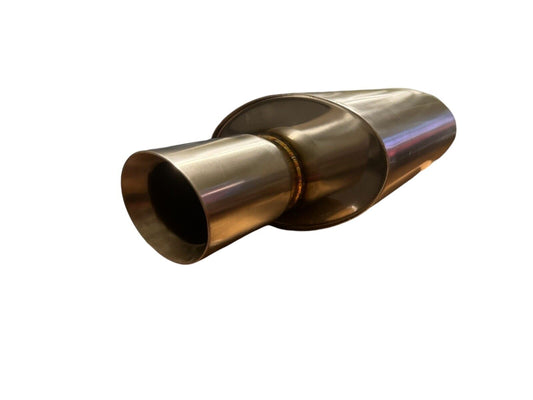 JackSpania Racing dual wall short tip muffler with 2.5-inch inlet and 3.5-inch outlet for quiet exhaust performance.