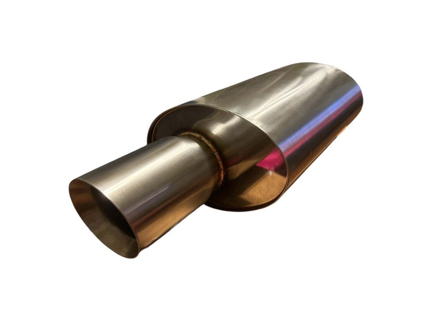 JackSpania Racing dual wall short tip muffler with 2.5-inch inlet and 3.5-inch outlet for quiet exhaust performance on EG and EK models.