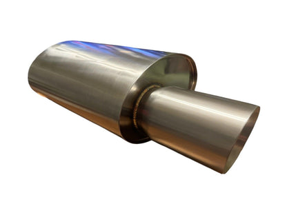 JackSpania Racing dual wall short tip muffler with 2.5-inch inlet and 3.5-inch outlet for quiet exhaust performance.
