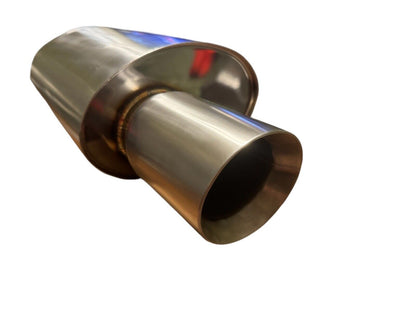JackSpania Racing dual wall short tip muffler with 2.5-inch inlet and 3.5-inch outlet for EG and EK exhaust systems.