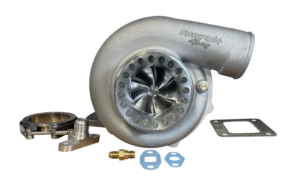 JackSpania Racing 6766 Journal Bearing Billet Wheel Turbo with T3/T4 turbine housing and V-band clamp, 0.81 A/R for engine performance.
