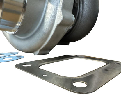 JackSpania Racing 6766 Journal Bearing Billet Wheel Turbo with T3/T4 turbine housing and V-band clamp, featuring .82 and .81 A/R.