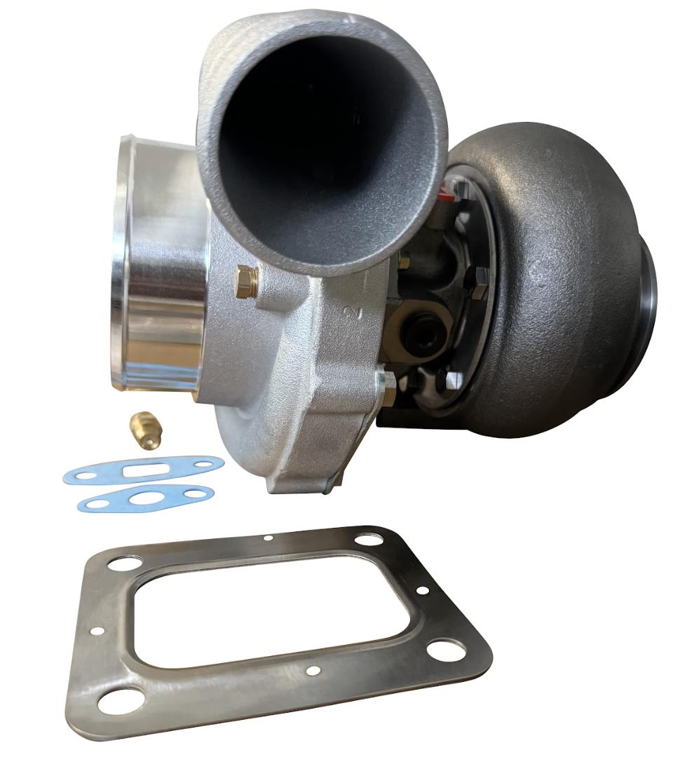 JackSpania Racing 6766 Journal Bearing Billet Wheel Turbo with T3/T4 .82/.81 A/R turbine housing and V-band clamp.