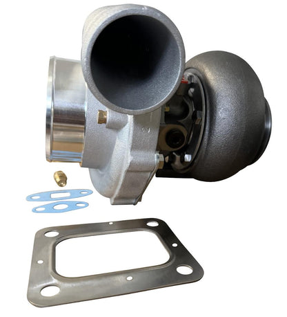 JackSpania Racing 6766 Journal Bearing Billet Wheel Turbo with T3/T4 .82/.81 A/R turbine housing and V-band clamp.