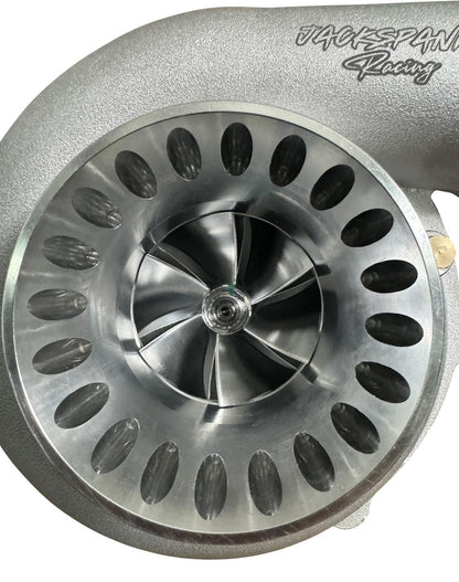JackSpania Racing 6766 Journal Bearing Billet Wheel Turbo with T3/T4 .82/.81 A/R turbine housing and V-band clamp on engine parts