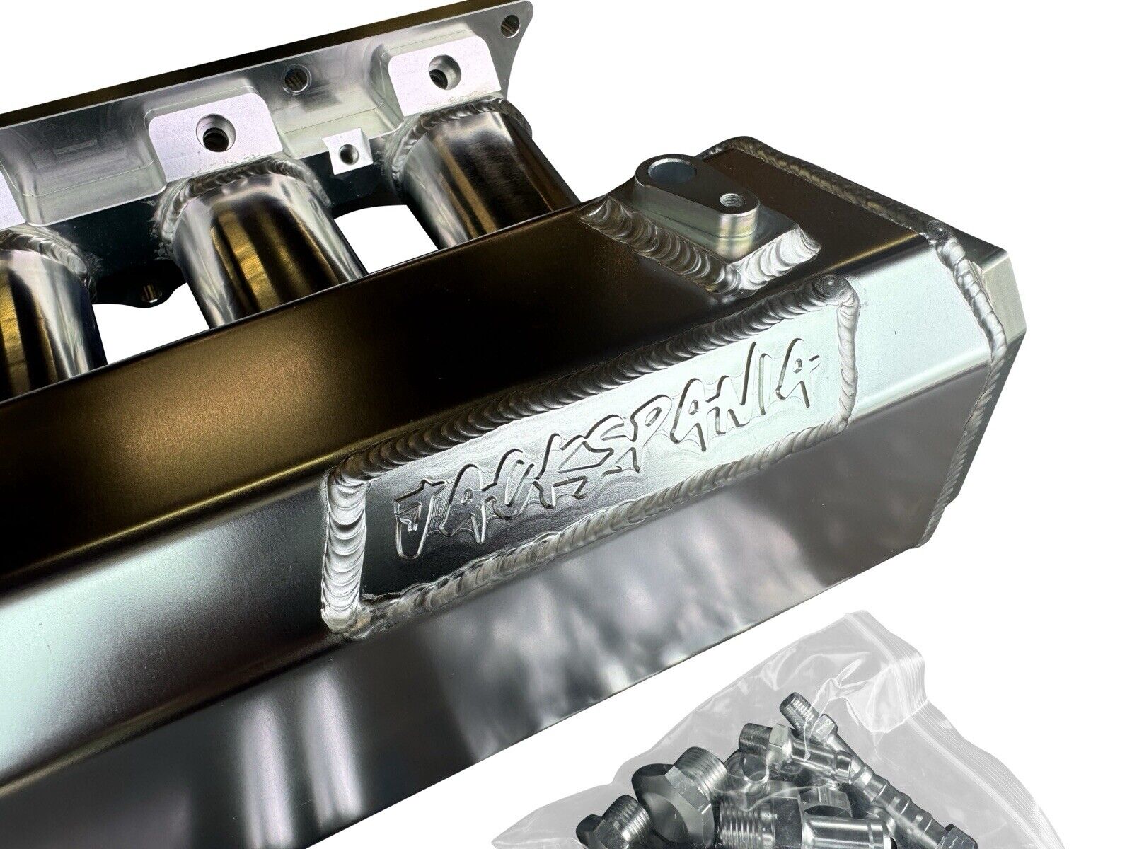 JackSpania Racing K Series sheet metal intake manifold for K20, K24, K swap engines, shown on a compatible Honda Civic engine.