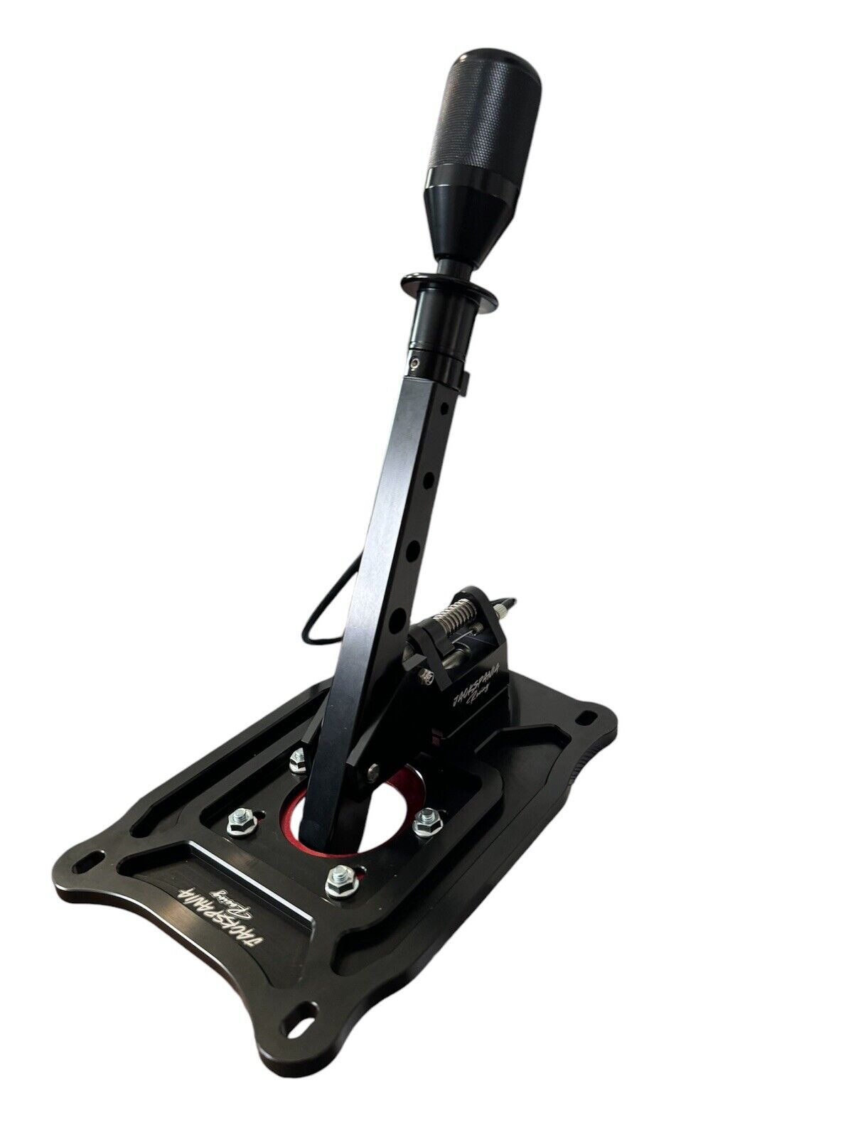 JackSpania Racing billet short shifter with lockout for Nissan 370Z Z34, custom transmission part with shift knob in the image.