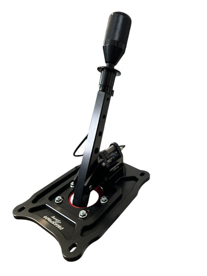 JackSpania Racing billet short shifter with lockout for Nissan 370Z Z34, custom transmission part with shift knob in the image.