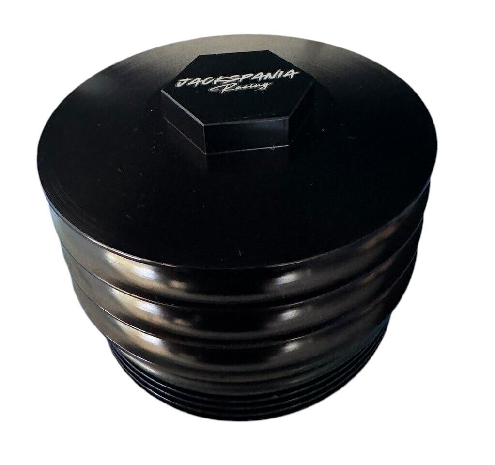 JackSpania Racing billet oil filter housing cap for BMW N54 N55 S55 N26 N20 engines, used on 135i, 335i, and X3 models.