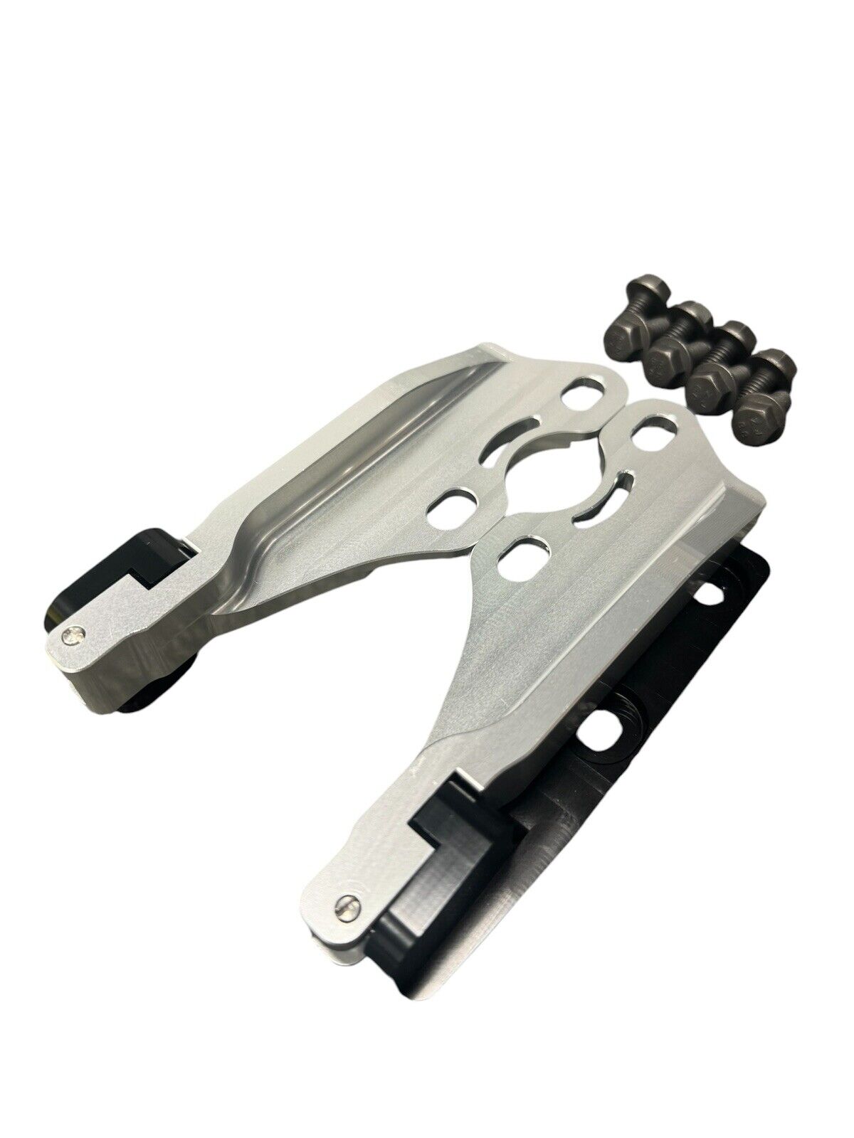 JackSpania Racing billet quick hood hinge release latch bracket for Nissan 240SX S13 engine parts, showing the metal bracket and mounting points.
