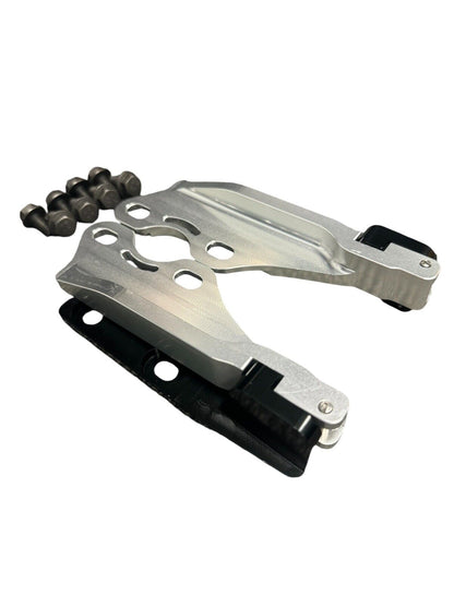 Billet quick hood hinge release latch bracket for Nissan 240SX S13 engine, made by JackSpania Racing.