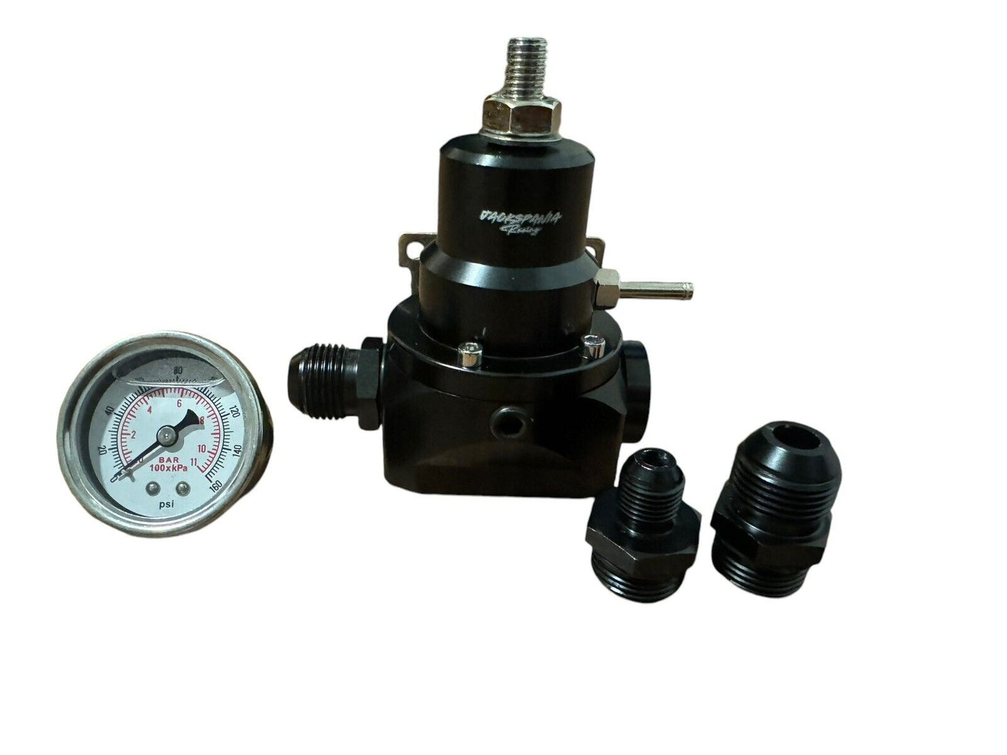 JackSpania Racing adjustable fuel pressure regulator gauge with AN10 fitting, suitable for EFI systems and E85 fuel, 60-80Psi.