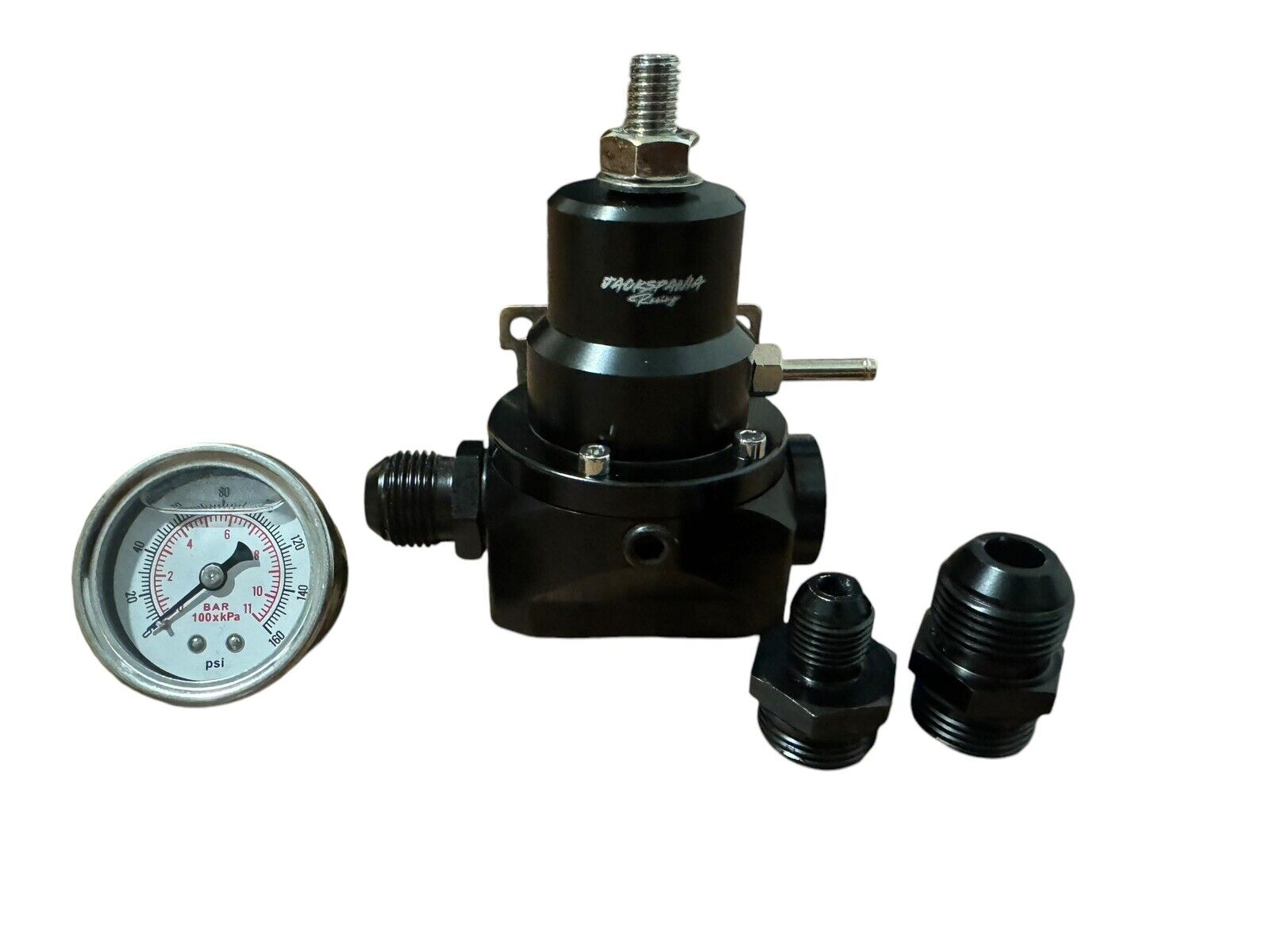 JackSpania Racing adjustable fuel pressure regulator gauge with E85 compatibility, AN10 fittings, 60-80Psi pressure range for EFI engines.