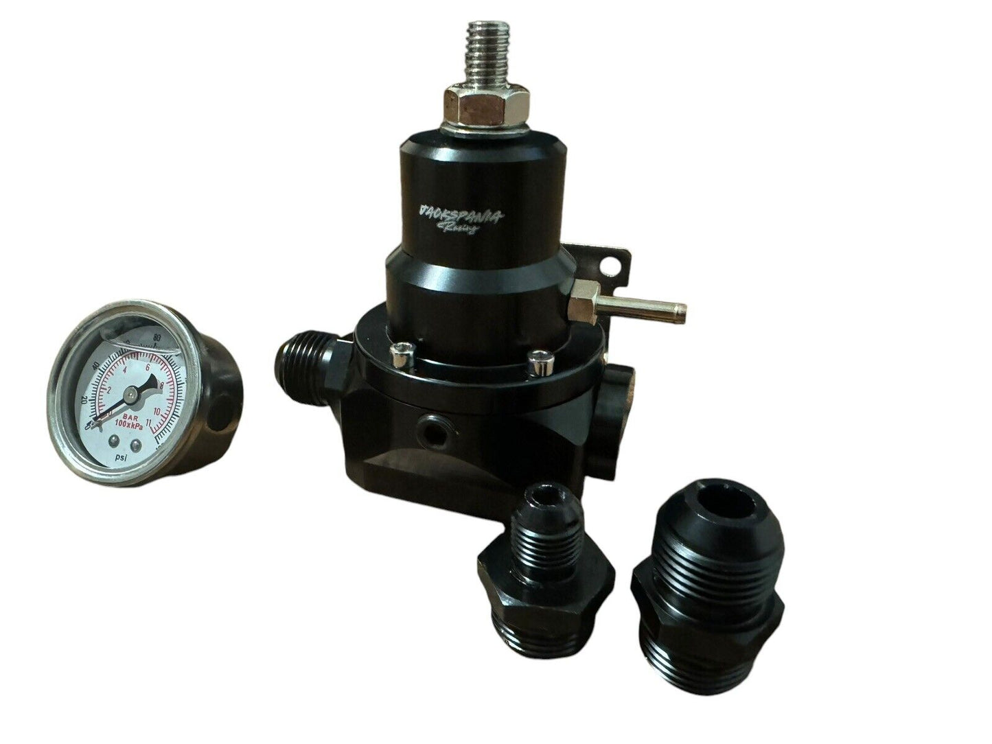 JackSpania Racing adjustable fuel pressure regulator gauge with E85 compatible EFI bypass and 10AN fittings for engine performance.