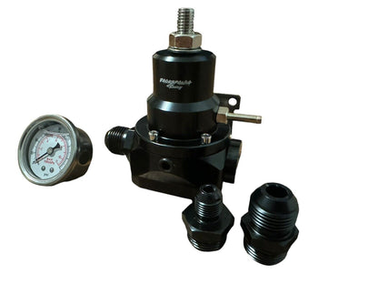 JackSpania Racing adjustable fuel pressure regulator gauge with E85 compatible EFI bypass and 10AN fittings for engine performance.