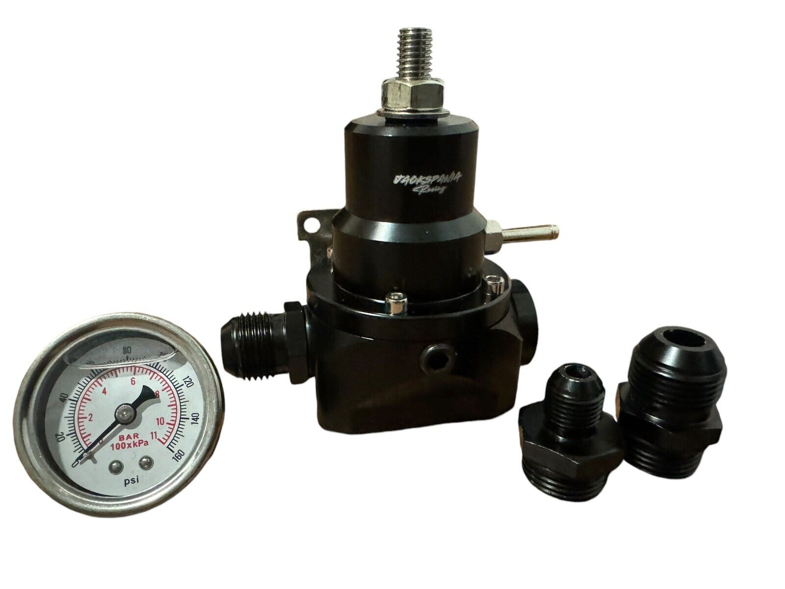 JackSpania Racing adjustable fuel pressure regulator gauge with E85 compatibility, AN10 fittings, and 60-80 PSI range for EFI engines.