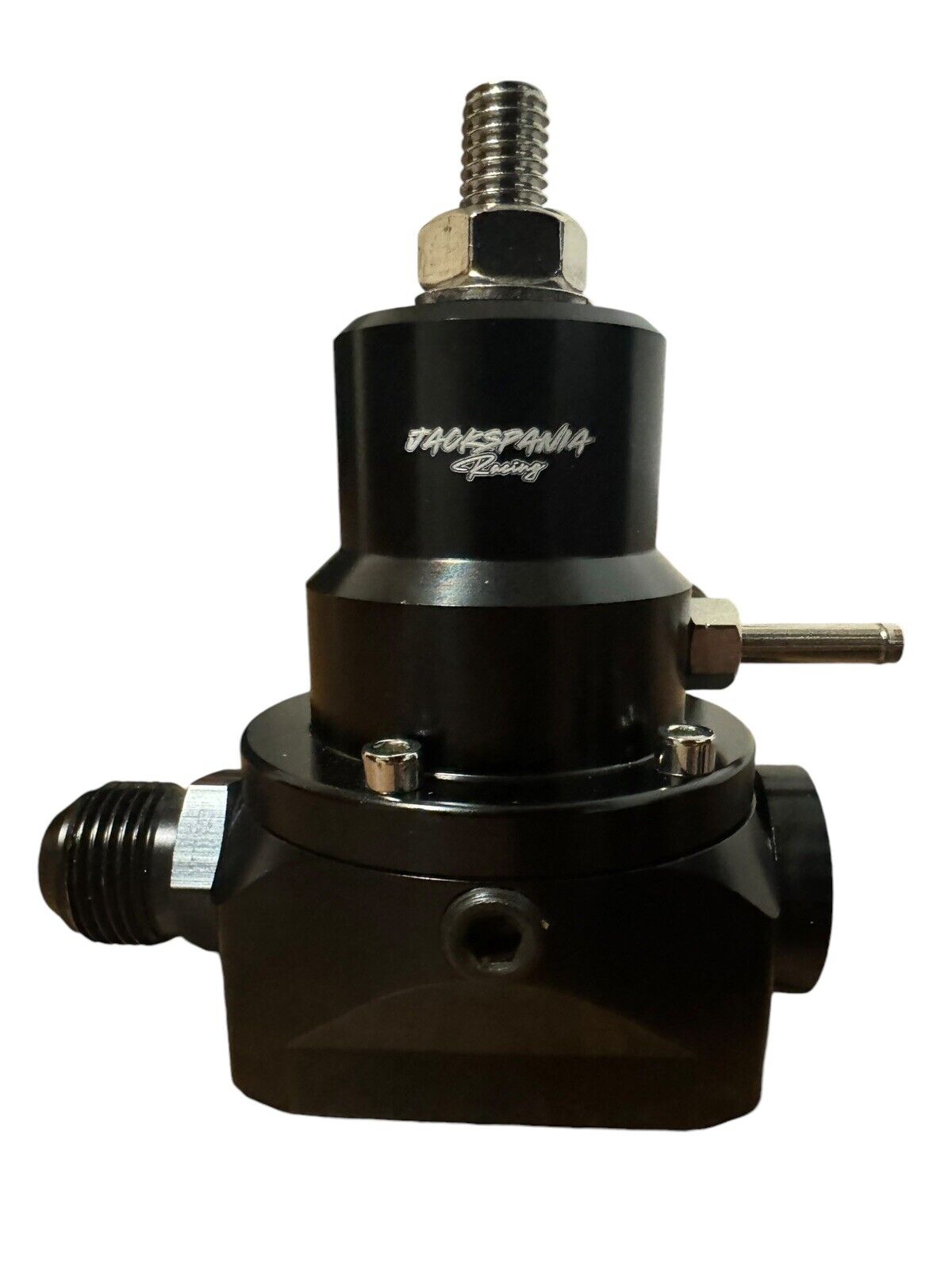 JackSpania Racing adjustable fuel pressure regulator gauge with E85 compatibility and AN10 fittings for EFI engine tuning.