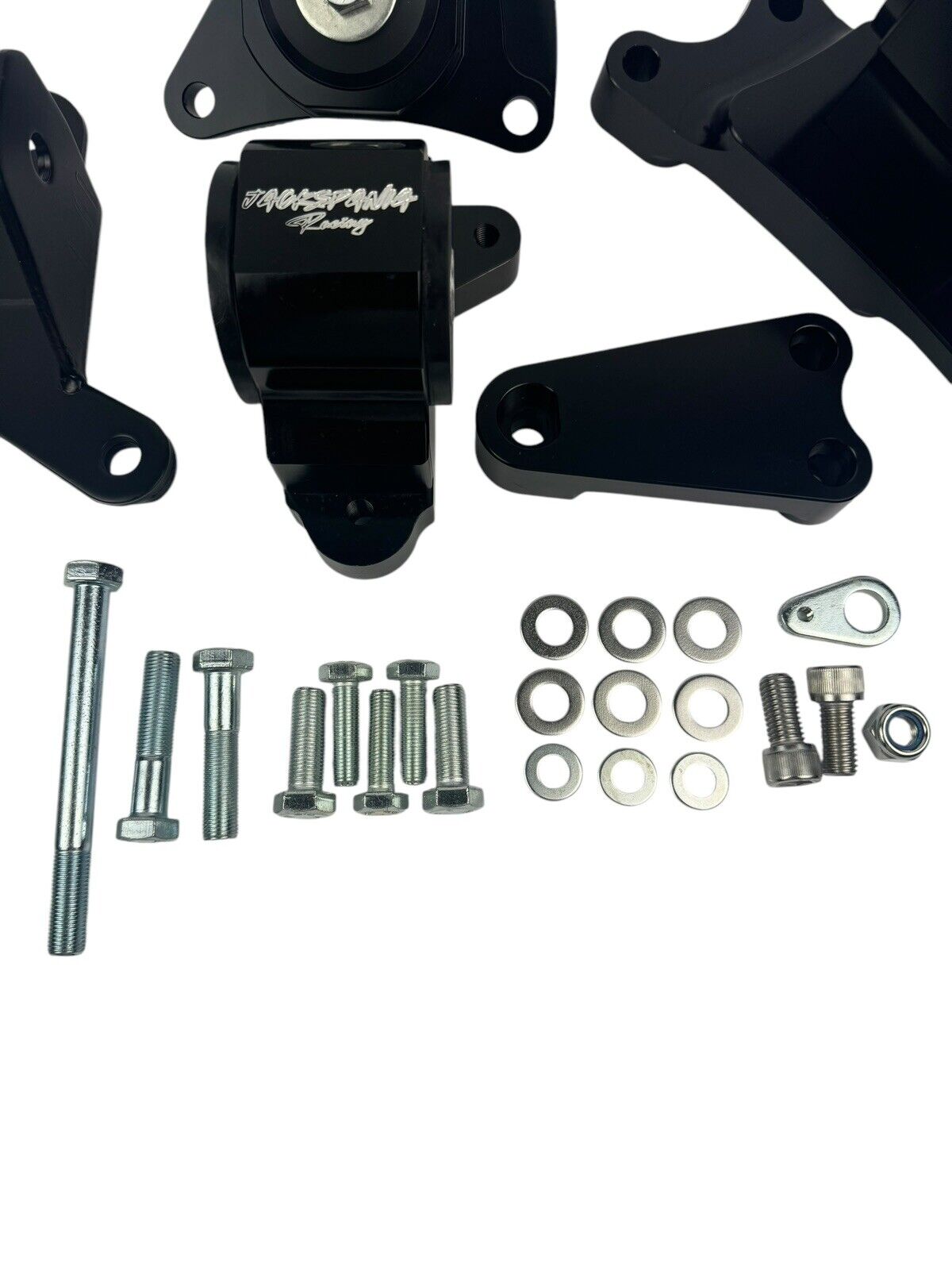 Jack Spania Racing billet K20 K Series engine swap motor mount kit for Acura RSX DC5 Type S, featuring metal mounts and mounting hardware.