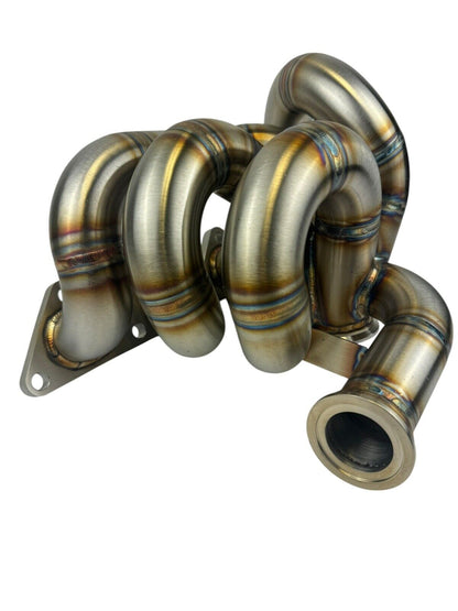 316SS tubular turbo manifold for Evo 7-9 with 44mm V-band wastegate, compatible with Garrett G25 G30 turbochargers.