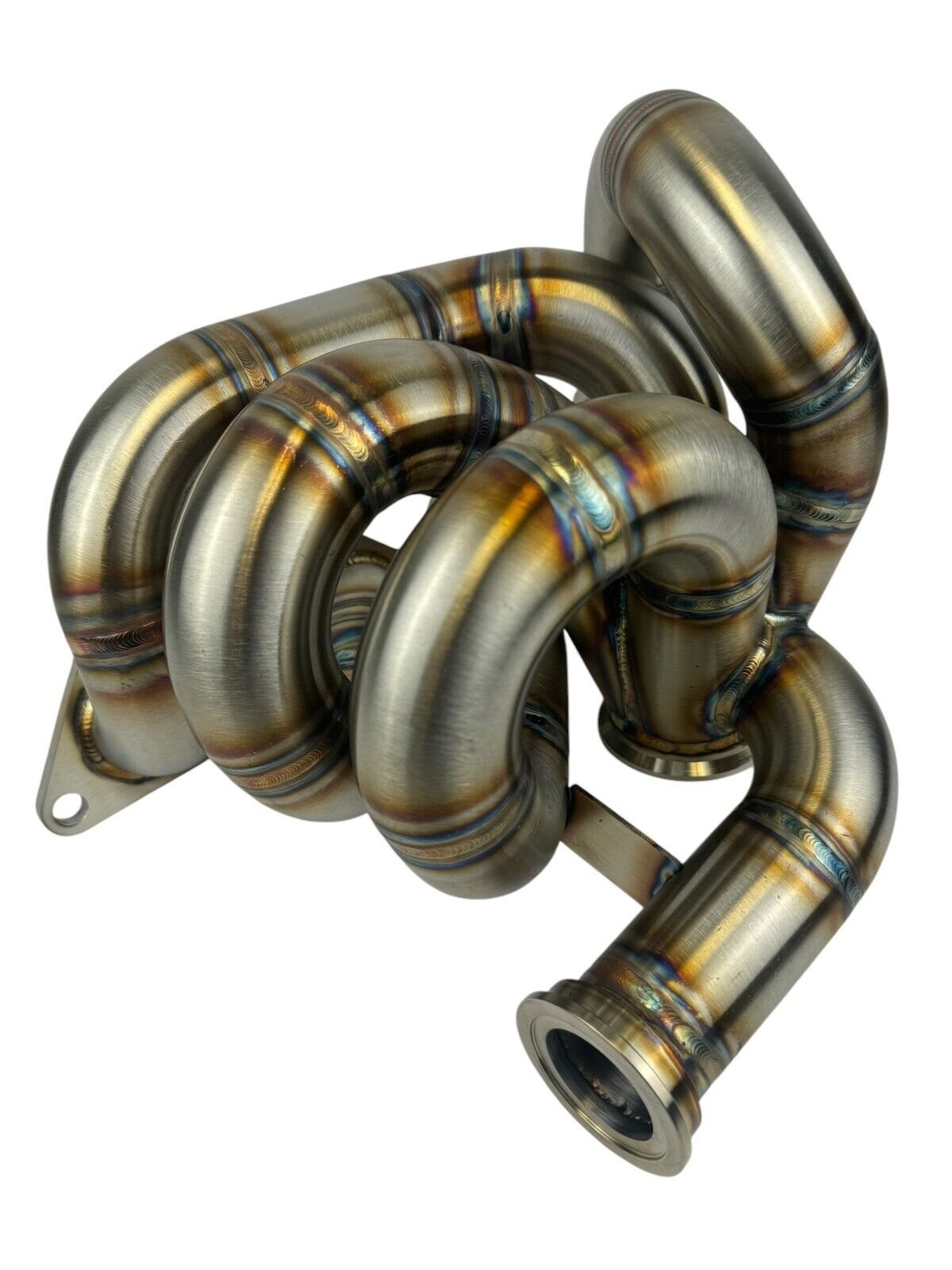 316SS tubular turbo manifold for Evo 7-9 with 44mm wastegate, V-band, compatible with Garrett G25 G30, by JackSpania Racing.