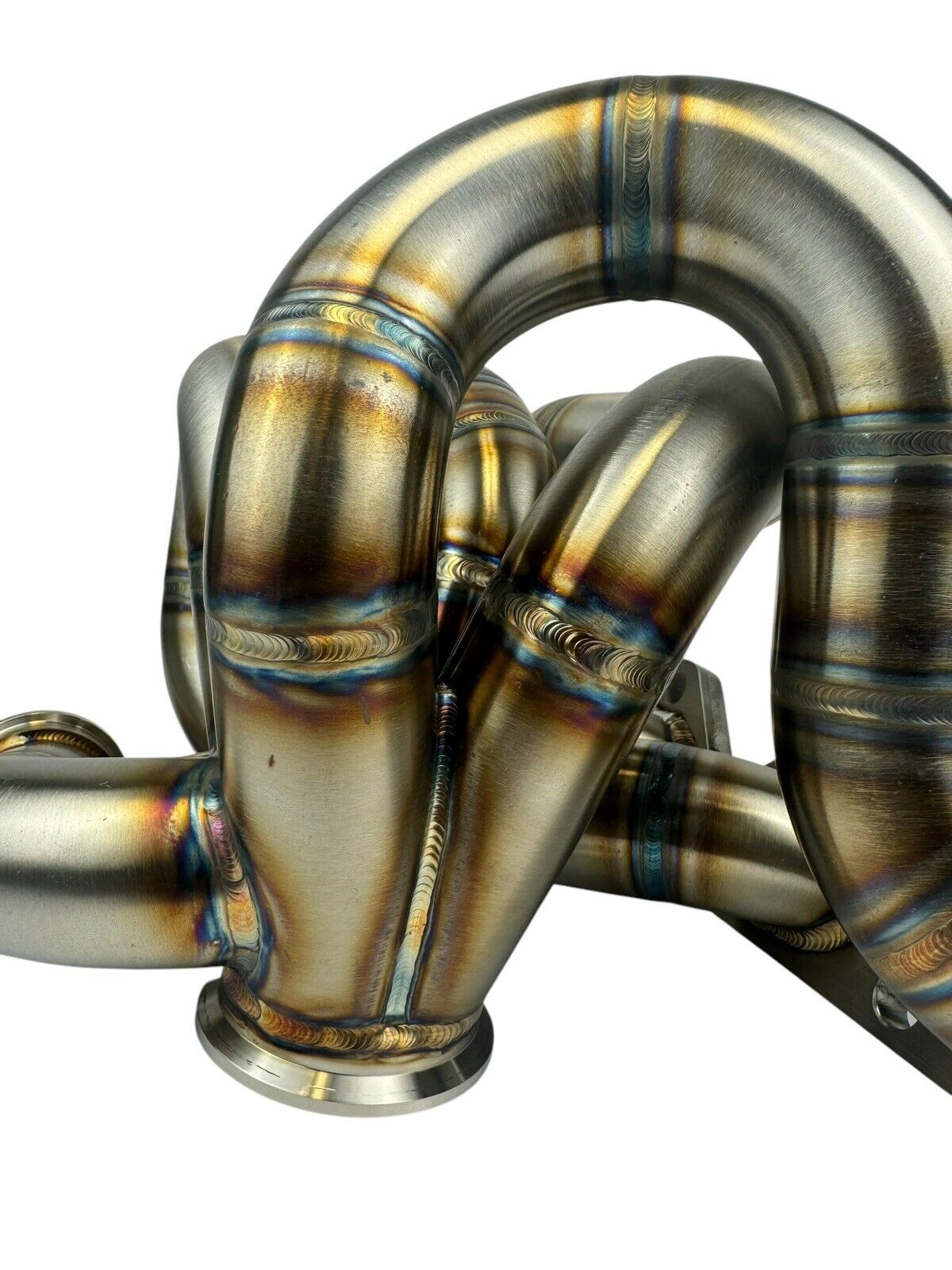 JackSpania Racing 316SS tubular turbo manifold for Evo 7-9 with 44mm wastegate V-band for Garrett G25 G30 turbos.