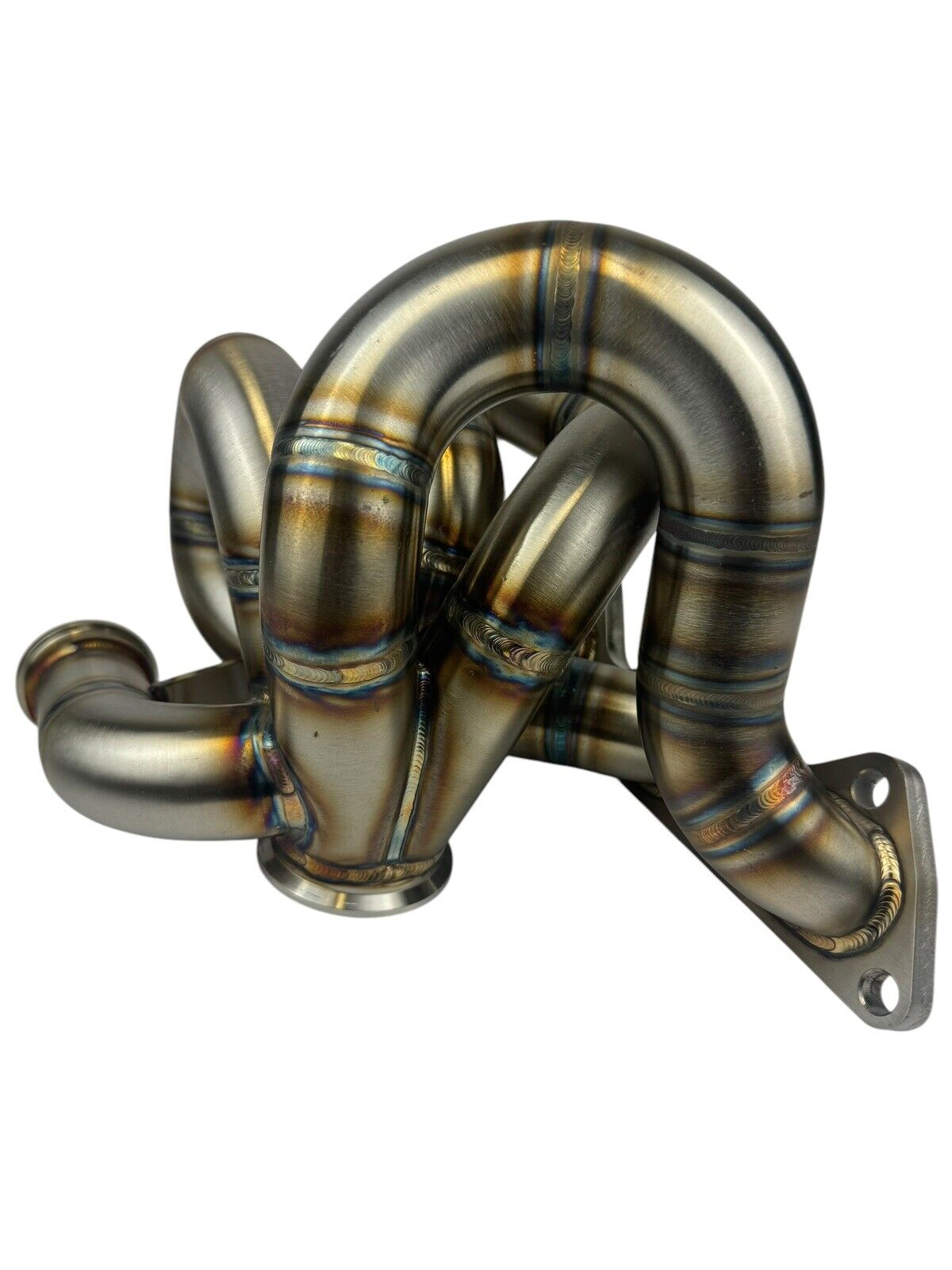 316SS tubular turbo manifold for Evo 7-9 with 44mm wastegate and V-band, compatible with Garrett G25 G30 turbo, from JackSpania Racing.