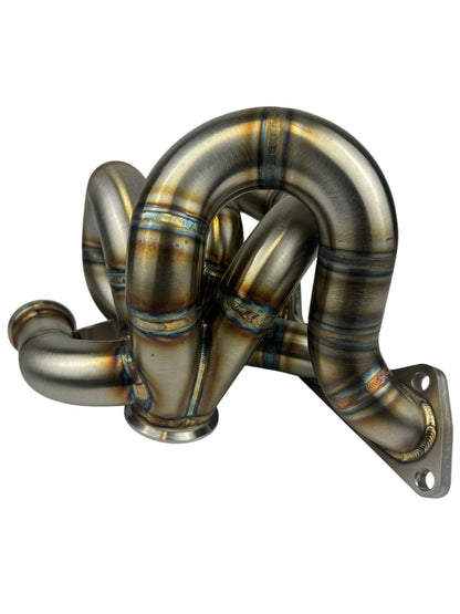 316SS tubular turbo manifold for Evo 7-9 with 44mm wastegate and V-band, compatible with Garrett G25 G30 turbo, from JackSpania Racing.