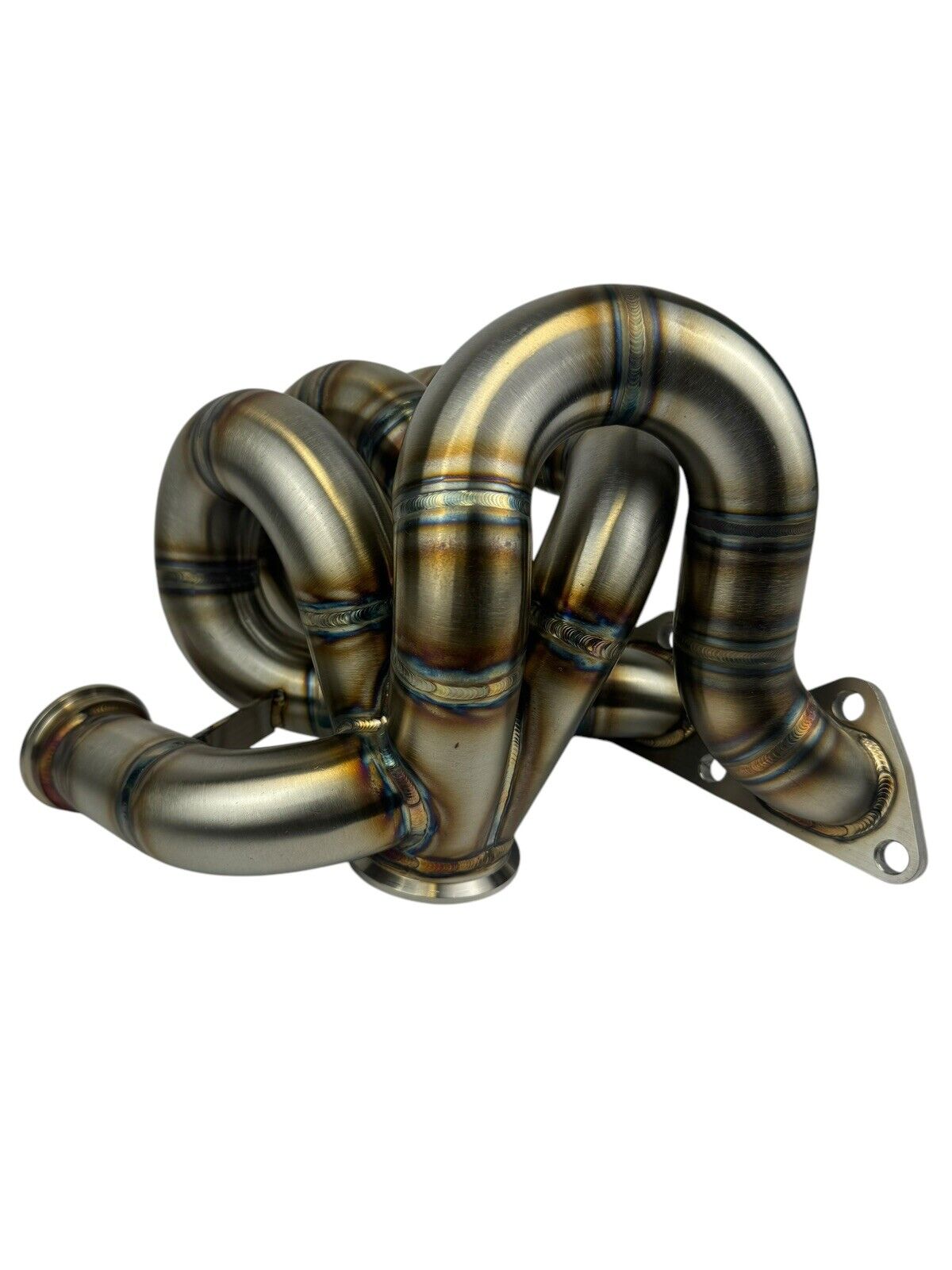 316SS tubular turbo manifold for Evo 7-9 with 44mm V-band wastegate, compatible with Garrett G25 G30, by JackSpania Racing.