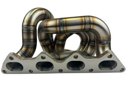 316SS tubular turbo manifold for Evo 7-9 with 44mm wastegate, V-band, compatible with Garrett G25 G30, by JackSpania Racing.