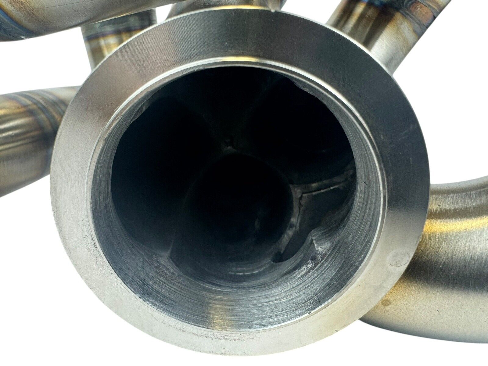 316SS tubular turbo manifold for Evo 7-9 with 44mm wastegate, V-band, compatible with Garrett G25 G30, by JackSpania Racing.