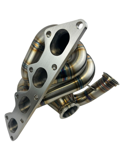 316SS tubular turbo manifold for Evo 7-9 with 44mm wastegate, V-band, compatible with Garrett G25 G30, by JackSpania Racing.