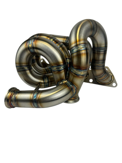 316SS tubular turbo manifold for Evo 7 8 9 with 44mm wastegate V-band for Garrett G25 G30, designed for high-performance exhaust systems.