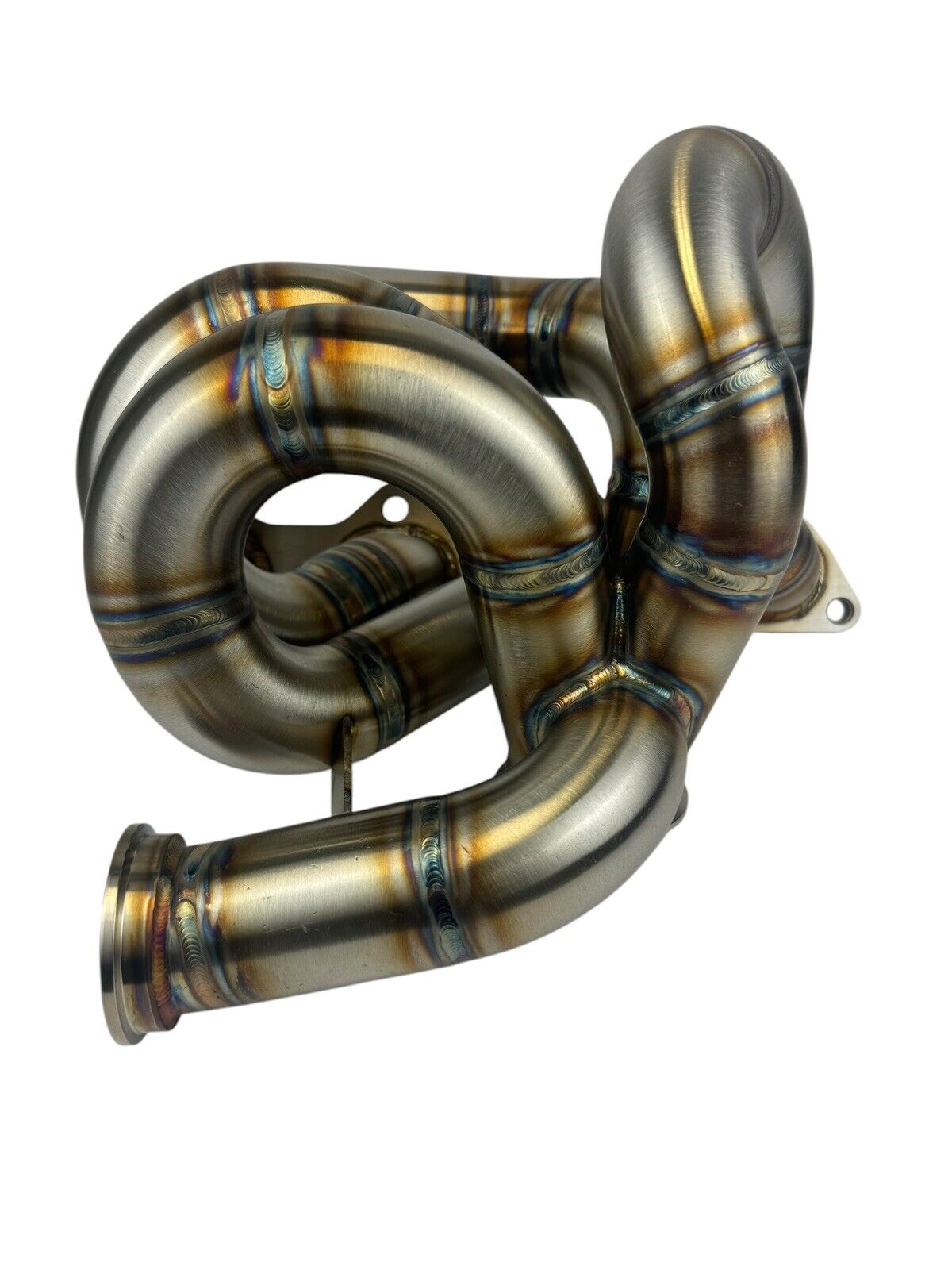 316SS tubular turbo manifold for Evo 7-9 with 44mm wastegate, V-band, compatible with Garrett G25 G30, by JackSpania Racing.