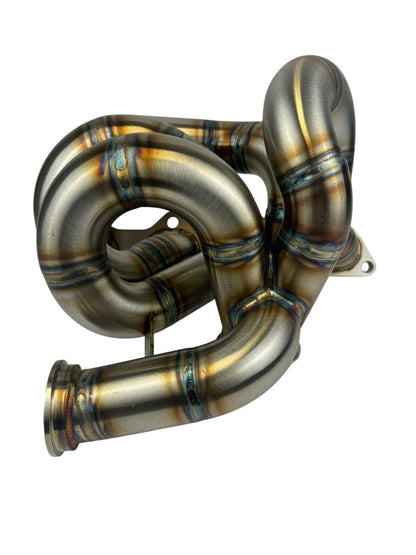 316SS tubular turbo manifold for Evo 7-9 with 44mm wastegate, V-band, compatible with Garrett G25 G30, by JackSpania Racing.