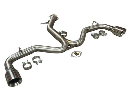 Stainless steel axle back exhaust for Hyundai Elantra GT 2018-2020 and i30 2017-2021, by JackSpania Racing, showing the exhaust pipes.