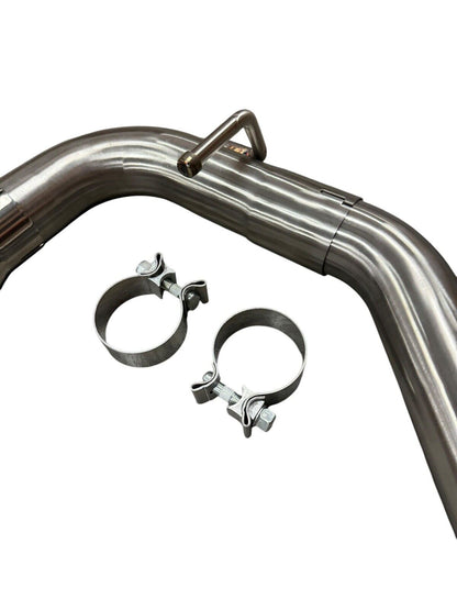Stainless steel axle back exhaust for Hyundai Elantra GT and i30, manufactured by JackSpania Racing, showing the exhaust pipe and muffler.