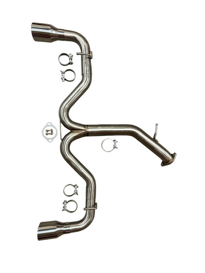 Stainless steel axle back exhaust for Hyundai Elantra GT 2018-2020 and i30 2017-2021 by JackSpania Racing, showing the exhaust pipe and tips